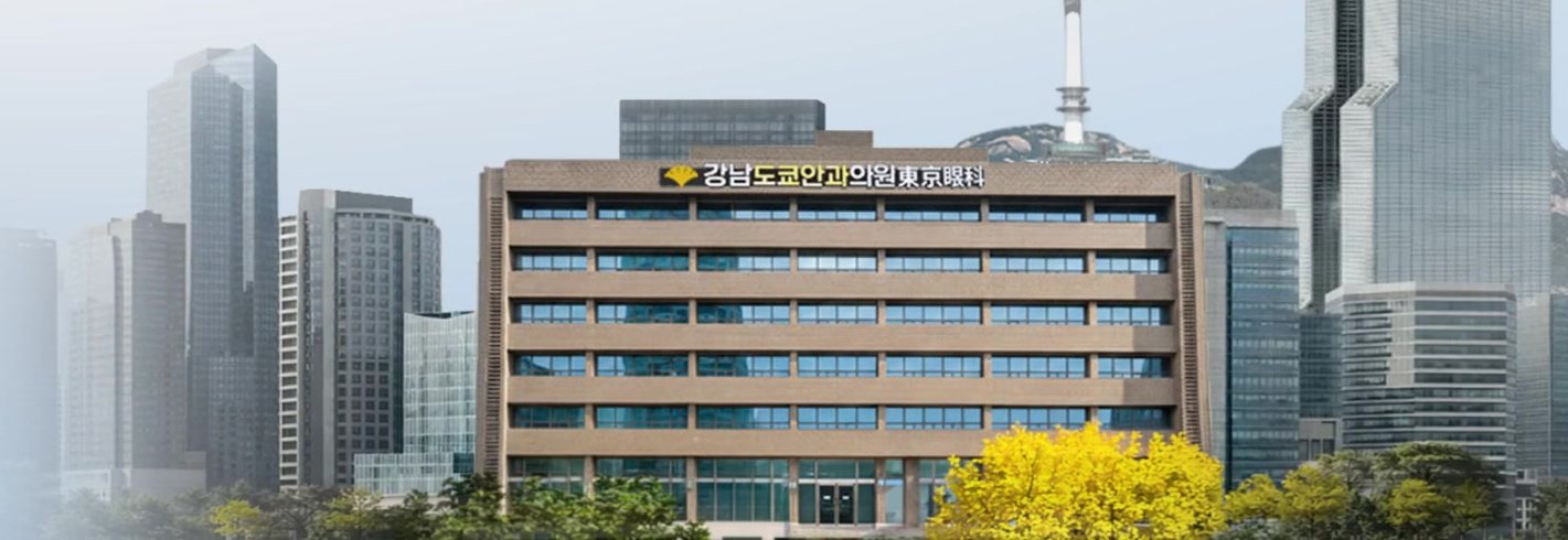 강남 빌딩숲과 남산타워 앞 '강남도쿄안과의원 東京眼科' 간판 건물(노란 은행나무) — 인트로 영상 마지막 장면