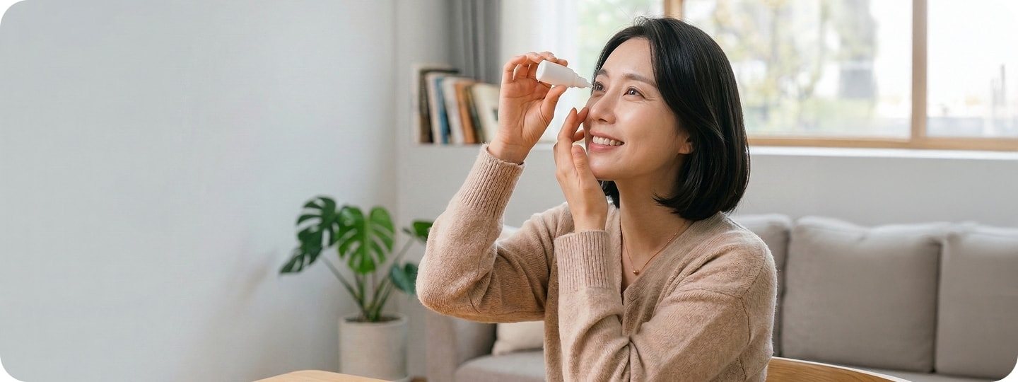 거실 소파 앞에서 웃으며 안약을 넣는 중년 여성(가로로 긴 사진, 원본 모서리 둥금)